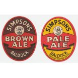 Beer labels, Simpsons Brewery Ltd, Baldock, Pale Ale and Brown Ale vertical ovals, 85mm high (gd) (