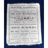 Ephemera. Double sided pink silk programme for the Winter Gardens, Blackpool, 2nd October 1897 for