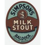 Beer label, Simpsons Brewery Ltd, Baldock, Milk Stout, vertical oval, 85mm high (vg) (1)