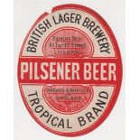 Beer label, British Lager Brewery, Liverpool, Tropical Brand Pilsener Beer, v.o, 90mm high, (sl nick