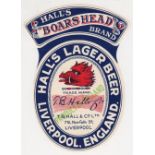Beer label, Hall's, Liverpool, Hall's Lager Beer, shaped v.o, 113mm high, (vg)