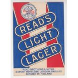 Beer label, Read's, Export Bottler's London, Read's Light Lager, vertical rectangular, 125mm high,