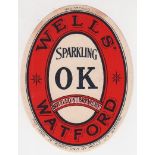 Beer label, Wells Watford Sparkling OK, (black lettering of Wells & Watford), vertical oval, (vg) (