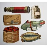 Ephemera, Die Cut Novelties. 16 Victorian die cut novelties inc. purse, washing basket, telescope,