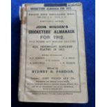 Cricket, Wisden Cricketers' Almanac for 1912, soft back edition (ink mark and name to cover, spine