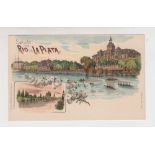 Postcard, Argentina, Gruss Aus style, Rio de La Plata with rowing scene on river by Bachmann (ub,