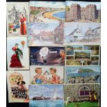 Postcards, a thematic assortment of 70+ cards inc. artist-drawn topographical, mostly various