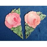 Ephemera, 2 die cut fold out novelties in the shape of a pink rose each expanding to reveal local