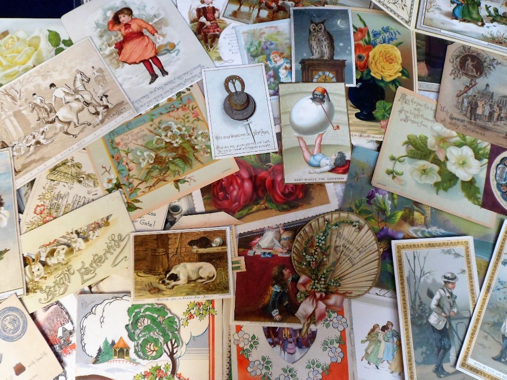 Tony Warr Collection, Greetings Cards, 100+ assorted cards circa 1880-1930 including die cut, fold