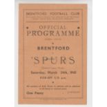 Football programme, Brentford v Tottenham Hotspur 1944-45, four page War League South fixture played