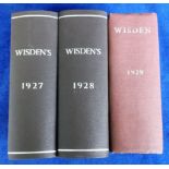 Cricket, Wisden's Cricketers' Almanacks, 3 editions for 1927, 1928 & 1829, all soft cover issues and