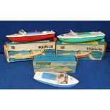 Toys, Sutcliffe Models Tinplate Clockwork & Electric Speedboats, Tiger, Merlin and Hawk, in original