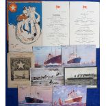 Postcards, a shipping selection of cards and menus inc. Cunard 'In Memorium' card of the