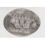 Trade card, The Sportsman, shaped b/w card in the form of a rugby ball with image of Rosslyn Park