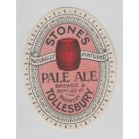 Beer label, Stone & Sons, Tollesbury, Stones P A, vertical oval 90mm high, (small hinge mark to back