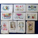 Postcards, a selection of approx. 35 embroidered and other silk postcards inc. hearts and flowers,