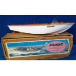 Toy, Sutcliffe Models Plastic Electric Zodiac Speedboat, white plastic hull, wooden deck, red