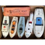 Toys, Sutcliffe Models Tinplate Clockwork Boats, Bluebird, Sprite, Fury, Viking and electric Kestrel
