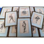 Artwork, 12 antique framed and glazed hand coloured Commedia Dell'Arte prints together with 2