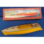 Toy, A Hornby Tinplate Clockwork No.2 'Swift' Speed Boat, yellow hull and cover, white deck, green