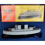 Toy, A Sutcliffe Models Valiant Tinplate Clockwork Battleship, grey upper body, black hull, mast and