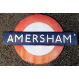 Railways, London Underground Amersham Station enamel sign in 3 parts comprising centre name plate,