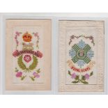 Postcards, 2 embroidered regimental silks for Hampshire Regiment (gd) and Royal Scots (creased &