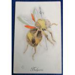 Postcard, Fantasy Art card, King of Bulgaria in the form of a bee/wasp, Army postmark to reverse '