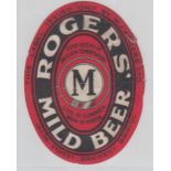 Beer label, W.J.Rogers Ltd, Bristol, Rogers' Mild Beer, vertical oval 111mm high, (worn) (1)