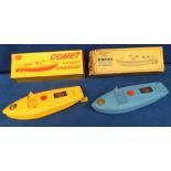 Toys, Sutcliffe Models Comet Tinplate Clockwork Speedboats, two examples, first deep yellow,