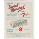 Tobacco advertising, two paper flyers, W.T. Davies & Sons 'Sweet Memories Flake' & E. Robinson & Son