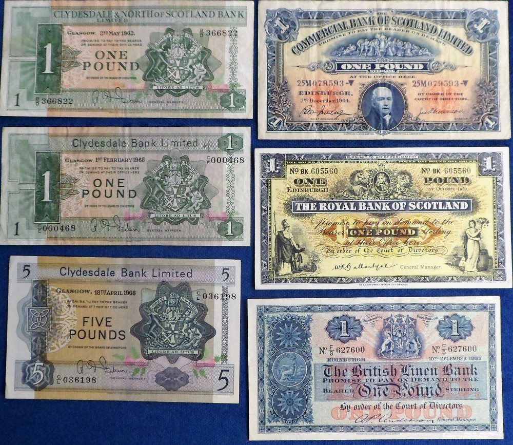 Banknotes, a collection of six Scottish banknotes, Clydesdale Bank £5 note C/L 036198 dated 18 April