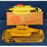Toys, Sutcliffe Models Tinplate Clockwork Submarines, Unda-Wunda Diving Submarine, deep yellow body,