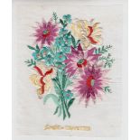 Tobacco silk, Lande, large silk flower embroidered on rectangular white net material in original wax