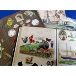 Ephemera, Scrap Albums and Scraps, a hand made Victorian linen scrap album of 15 pages with scraps