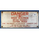 Railwayana, British Railways Eastern region, enamel warning sign 'DANGER, HIGH VOLTAGE', red