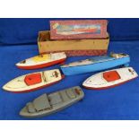 Toys, Hornby Tinplate Clockwork Boats, No.2 Racing Boat 'Racer II', blue/white, with original box