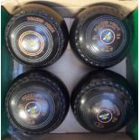 Sport, lawn bowls, two second-hand sets, 4 'Drakes Pride Professional' v9 3860 size 5H bowls, plus 4