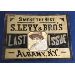 Tobacco advertising, USA, S. Levy & Bros, tin advertising sign for 'Last Issue Tobacco', illustrated