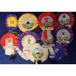 Football rosettes, a collection of 12, 1960's, rosettes many with plastic football player figures to