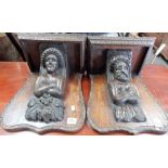 Pair of 16th Century carved figural appliques, applied to Victorian oak brackets, height overall