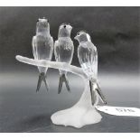 Swarovski crystal group of three swifts on a branch, height 8cm.