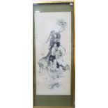 Chinese ink & watercolour scroll, painted with a gentleman fishing by a tree trunk with stork,