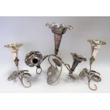 Early 20th Century silver plate three-branch epergne with wavy rim trumpet vases together with a