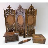 Treen to include an olivewood three-fold table screen photograph frame, an oak miniature coffer box,