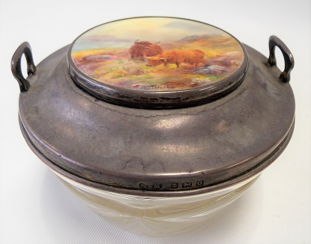 Harry Stinton decorated Royal Worcester silver lidded toilet jar and cover, the circular porcelain