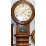American inlaid drop-dial two-train wall clock, the 11.5 inch cream painted dial with Roman numerals