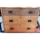 19th Century teak campaign chest of three drawers with brass recess handles & iron recess carrying