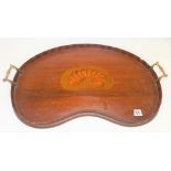 Mahogany marquetry inlaid kidney shape twin handled tray, width 60cm