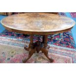 Victorian burr walnut veneered boxwood inlaid oval table, the quarter veneered burr top with boxwood